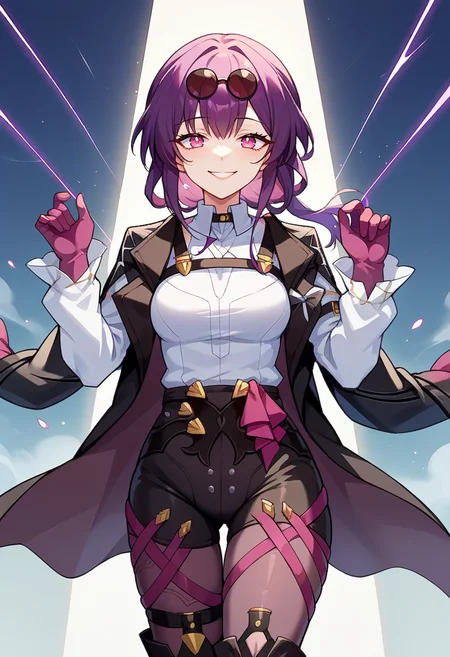 score_9, score_7_up, source_anime, solo, come hither, smile, cowboy shot, BREAK <lora:clamKafkaPDXL:1> clamKafka, eyewear on head, black jacket, white shirt, black shorts, purple pantyhose, boots, purple gloves,