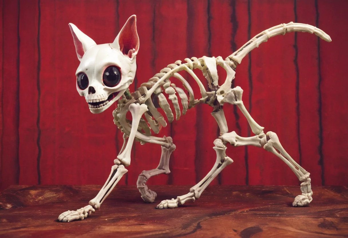 a colorful chibi skeleton cat running toward the viewer, insanely intricate details, red palette, creepy, unsettling, lynch style, surrealism <lora:lynchstyle_v0.0.2:1.3>