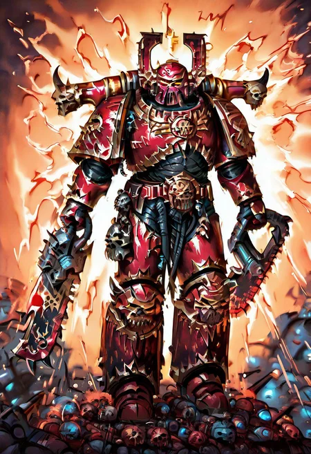Score_9_up, absurdres, Source: GamesWorkshop, best quality, expressive eyes, perfect face, space marine, World Eaters Traitor Astartes Chapter Exalted Eightbound Berserker holding a chainsword, red armor, spiked horned astartes helmet, full body, volumetric lighting project unreal engine, mantisdetailerse, <lora:warhammerAdeptus_v1:0.7>,