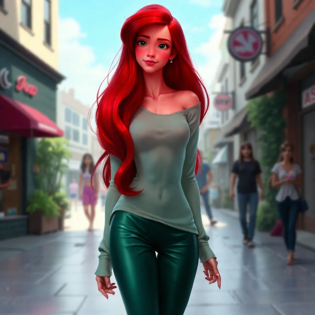 Ariel the Disney Princess in human street clothes, long sleeves, pants, cute nose, pale skin, slim build. Long hair, red, flowing, highly detailed, very beautiful, trending on pavement, art by Artgerm, WLOP, Greg rutkowski,
