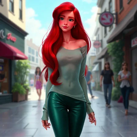 Ariel the Disney Princess in human street clothes, long sleeves, pants, cute nose, pale skin, slim build. Long hair, red, flowing, highly detailed, very beautiful, trending on pavement, art by Artgerm, WLOP, Greg rutkowski,