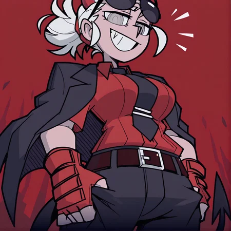 masterpiece,best quality,absurdres,highres, ,<lora:VanripperIllustriousXL_byKonan:1>, vanripper, <lora:Justice_Helltaker:0.8>, justicetaker, horns, shirt, gloves, 1girl, jacket, solo, sunglasses, red gloves, necktie, red shirt, fingerless gloves, tail, demon tail, jacket on shoulders, black necktie, demon girl, white hair, pants, black pants, eyewear on head,ponytail,, smile, teeth, red background , undressing