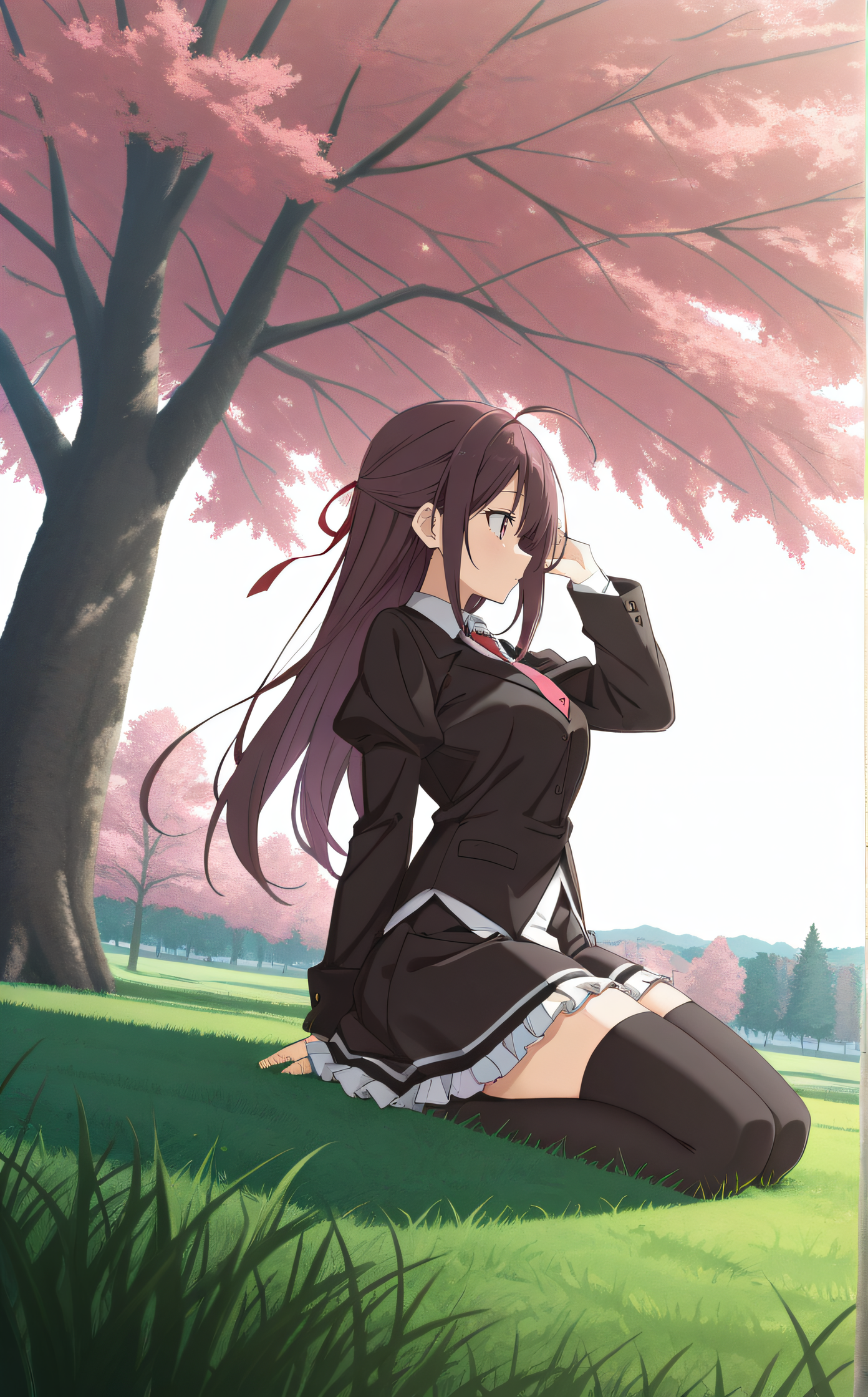 masterpiece, best quality, highres, scenery, newest, 1girl, solo, official style, <lora:Misakura_Rin:1>, misakurarin, ahoge, red_ribbon, school uniform, black blazer, white shirt, red necktie, black frilled skirt, black thighhighs, outdoor, kneeling, side view, tree, sitting on grass, hand on hair