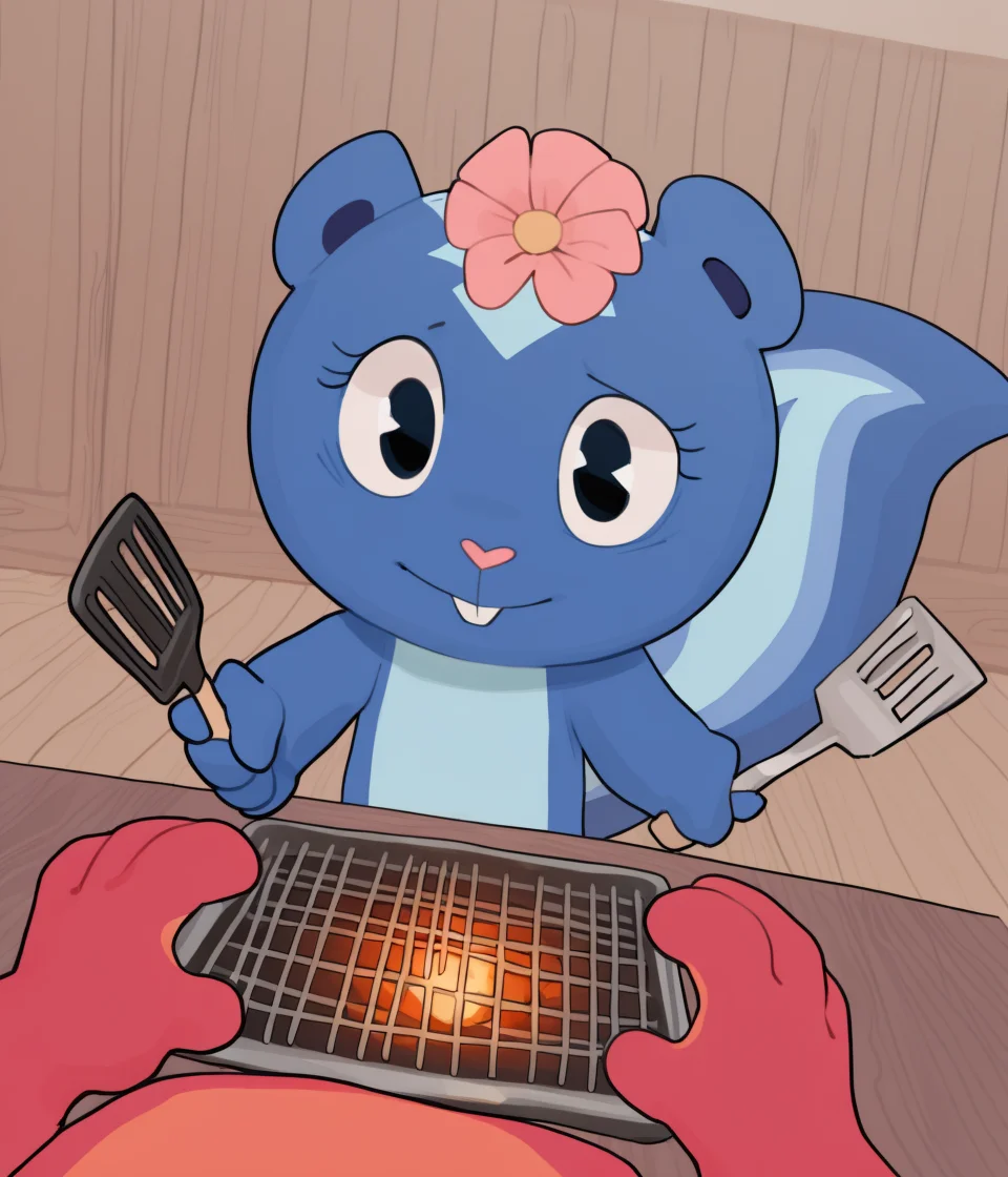 masterpiece, best quality, furry female, duo, petunia, chibi, blue fur, skunk, flower, lined up, pov, kitchen, customer, grill, looking at viewer, hand, flaky \(htf\), red fur, dandruff, quills, spatula, hamburgers, glaze, detailed background, stone, dutch angle, cinematic, art by wamudraws