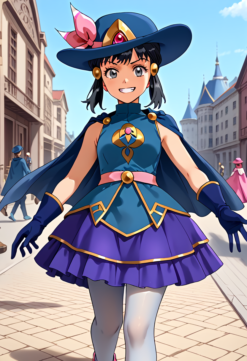 Walking, pretending to carry a baby animal,  evil grin,  outdoors, 1girl, <lora:DawnPony:1> Dawn_Syg, short hair, black hair, grey eyes, sidelocks, pink bow, blue hat, hair ornament, cape, blue shirt, sleeveless, golden brooch, red gem, pink belt,  blue gloves, blue skirt, white pantyhose, blue footwear,