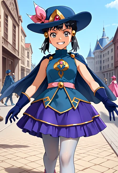 Walking, pretending to carry a baby animal,  evil grin,  outdoors, 1girl, <lora:DawnPony:1> Dawn_Syg, short hair, black hair, grey eyes, sidelocks, pink bow, blue hat, hair ornament, cape, blue shirt, sleeveless, golden brooch, red gem, pink belt,  blue gloves, blue skirt, white pantyhose, blue footwear,