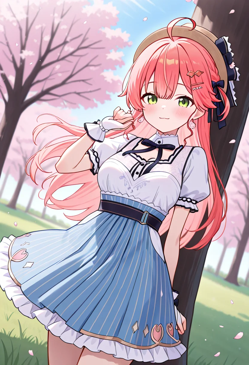 masterpiece,best quality,absurdres,perfect lighting,tree,cherry blossoms,petals,grass,
*//*,<lora:Sakura_Miko-Illustrious:1>,sakumiko_2offset,1girl,solo,sakura miko,virtual youtuber,green eyes,pink hair,long hair,bangs,ahoge,hair ornament,hairclip,white shirt,short sleeves,puffy sleeves,wrist cuffs,bridal gauntlets,striped skirt,blue skirt,frilled skirt,hat,boots,black footwear,
*//*,looking at viewer,cowboy shot,dutch angle,dynamic pose,light smile,