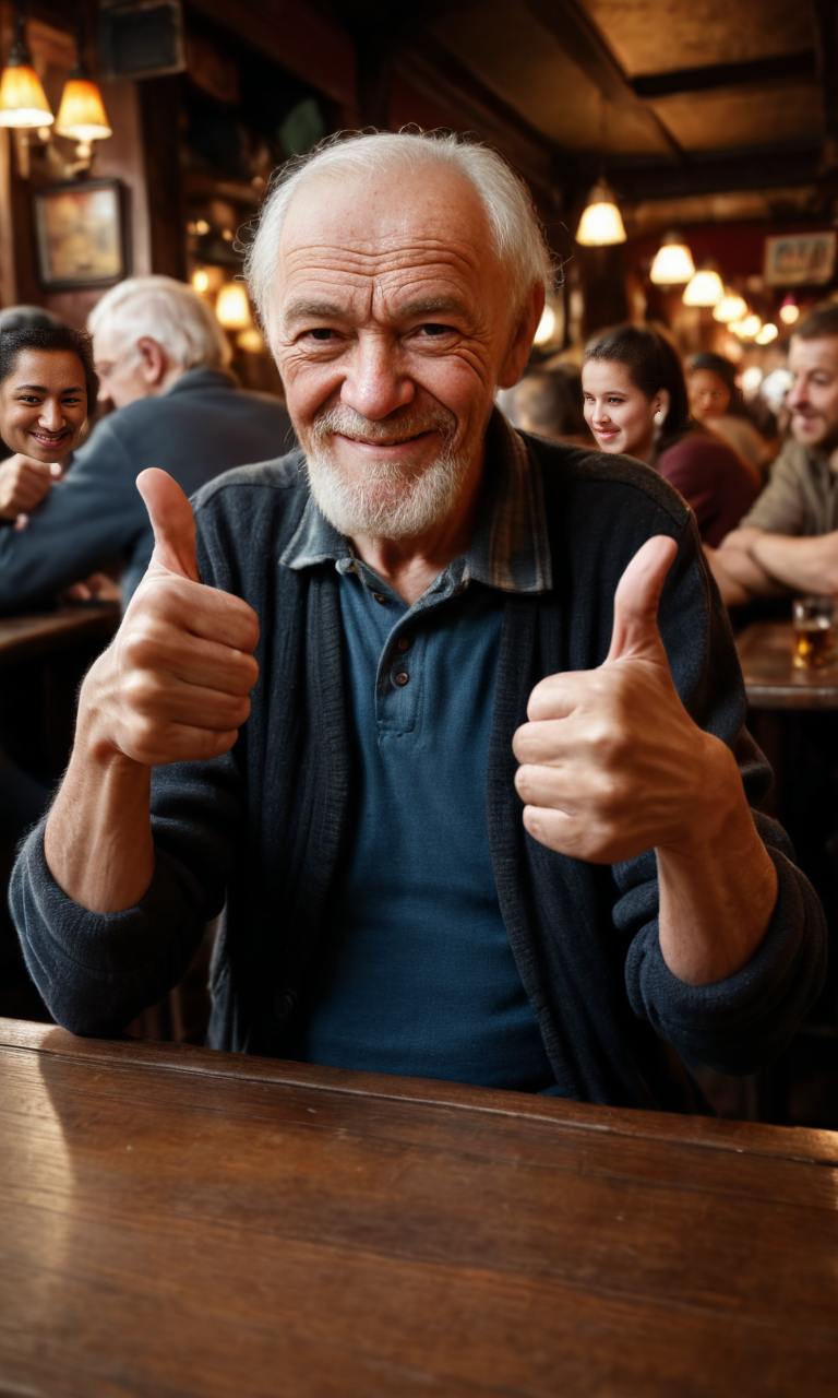 thumup, bohabe old man is giving thumb up, whith both hands arms bent,  in crowded pub.