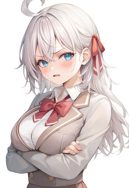 score_9,score_8_up,score_7_up,<lora:falisa_mikhailovna_kujou_v2:1>,1girl,ahoge,alisa_mikhailovna_kujou,arms_under_breasts,black_vest,blazer,blue_eyes,blush,collared_shirt,commentary_request,cropped,crossed_arms,frown,grey_jacket,hair_between_eyes,hair_ribbon,highres,large_breasts,long_hair,looking_to_the_side,notched_lapels,novel_illustration,official_art,open_jacket,open_mouth,red_bowtie,red_ribbon,school_uniform,second-party_source,sideways_glance,simple_background,solo,upper_body,white_background,white_hair,white_shirt,wing_collar,