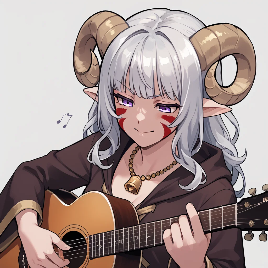 <lora:whisker_markings:0.8> red_whisker_markings:1.4, face paint,source_furry, score_7_up, rating_safe, cowboy shot, gold necklace, tiefing, short pointed ears, horns, (a pair of brown sheep Horns that begin at her temples and curve back: 1.5), bangs,long silver hair long wavy hair, pale skin, pointy ears, purple eyes:1.2, <lora:age_slider_v4:0.6> medium breasts, skinny female, close up, silver hair <lora:Tieflingnew weird fantasyDND:0.3> Tiefling, pointed ears, horns, from above, angry, half-closed eyes:1.5, smile mouth:1.2,<lora:Smooth Style 2 SDXL_LoRA_Pony Diffusion V6 XL:0.5> shepherd's crook, bell, robe, hood off, <lora:Nanoless_Artist_Style_PonyXL:0.3> , <lora:playing_guitar:1> acoustic_guitar, playing_instrument,