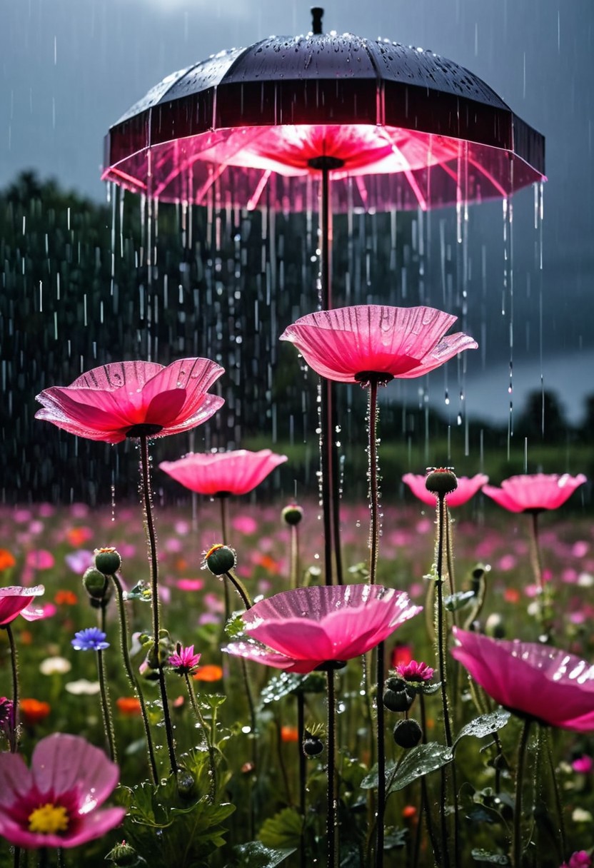 (( heavy rain ):2.1) Next to a futuristic installation of giant pink transparent glass poppy flowers sparkling with water droplets stands in a colorful sea of wildflowers under a black sky with lightning and pink cloud