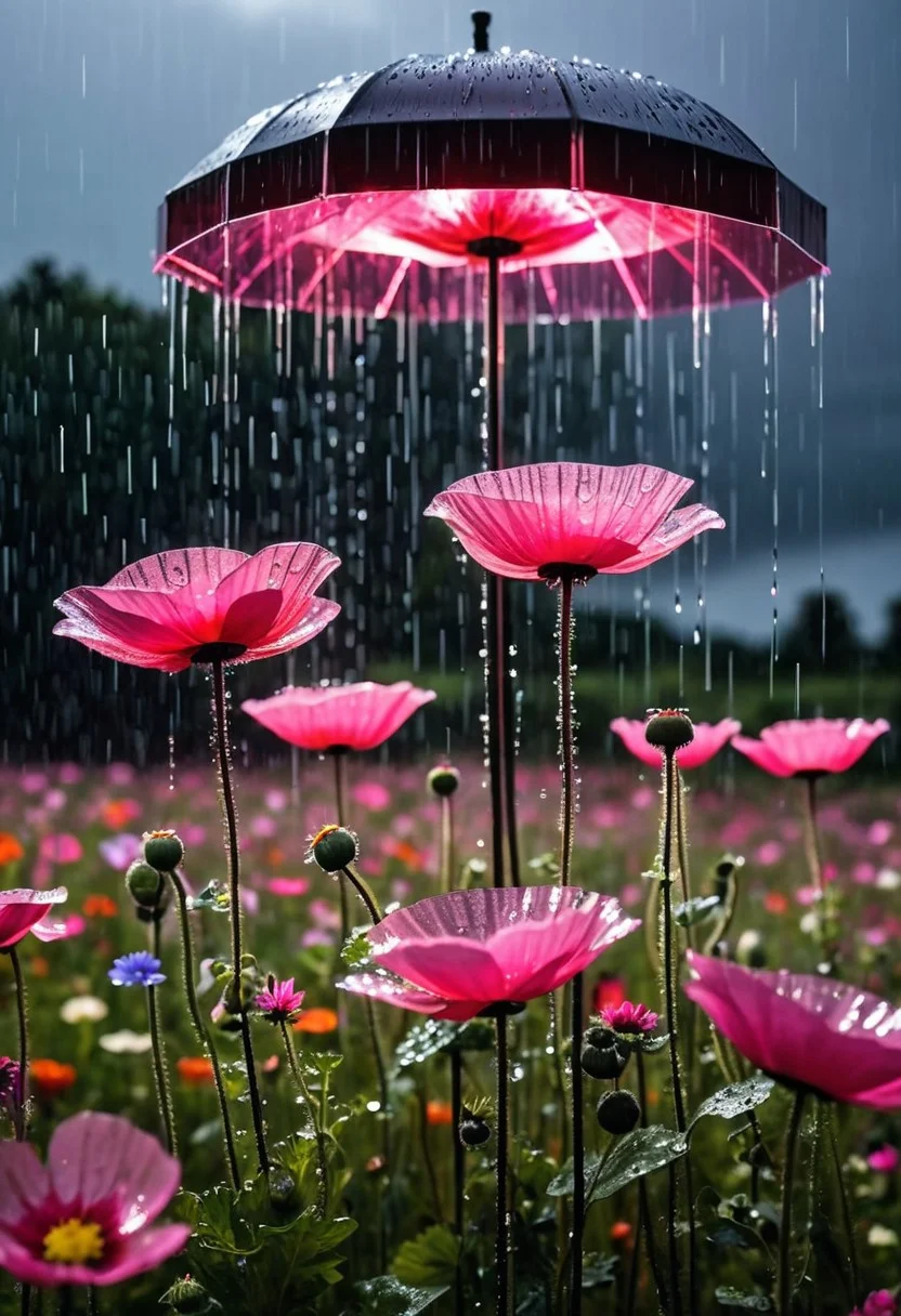 (( heavy rain ):2.1) Next to a futuristic installation of giant pink transparent glass poppy flowers sparkling with water droplets stands in a colorful sea of wildflowers under a black sky with lightning and pink cloud