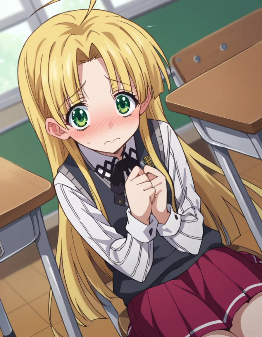score_9, score_8_up, score_7_up, source_anime,
asiaargento, <lora:asia-argento-ponyxl-lora-nochekaiser:1>,
asia argento, long hair, blonde hair, green eyes, parted bangs, ahoge, blush, embarrassed,
skirt, shirt, long sleeves, ribbon, school uniform, pleated skirt, vest, red skirt, sweater vest,
indoors, classroom, sitting, desk, chair,
looking at viewer, dutch angle, cowboy shot,