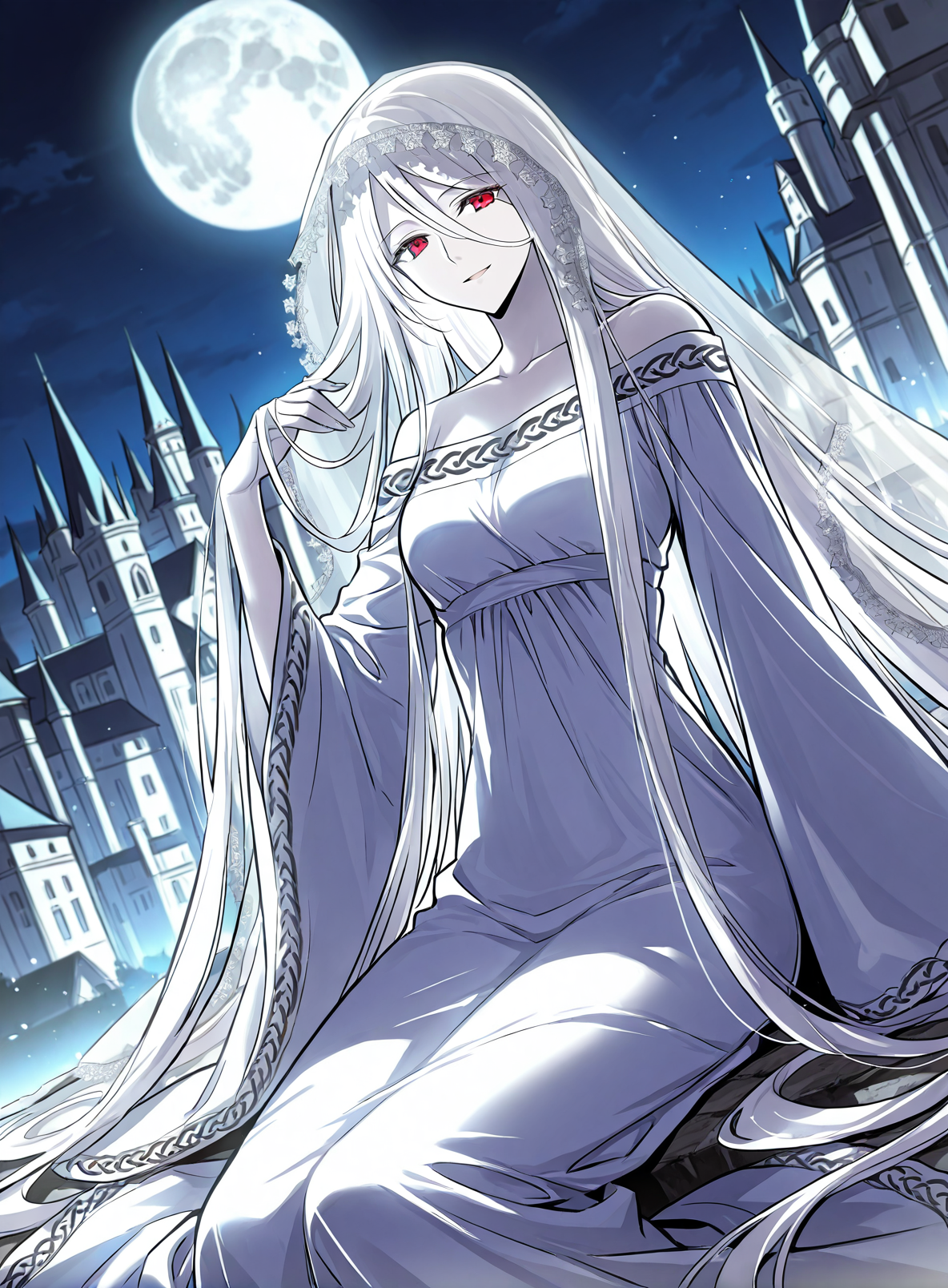<lora:Yuridika__Doom_Breaker__Illustrious:1>
1 girl, red eyes, pale skin, hair between eyes, white hair, very long hair, bangs
white dress, veil, collarbone, wide sleeves, long sleeves, bare shoulders,
score_9, score_8_up, score_7_up, very aesthetic, source_anime, detailed, high quality, beautiful, masterpiece, detailed eyes, castle, village, blurry background, cityscape, pose dynamic angle, light smile, looking at viewer, open mouth, hand on hair, sitting, night, silver moon,