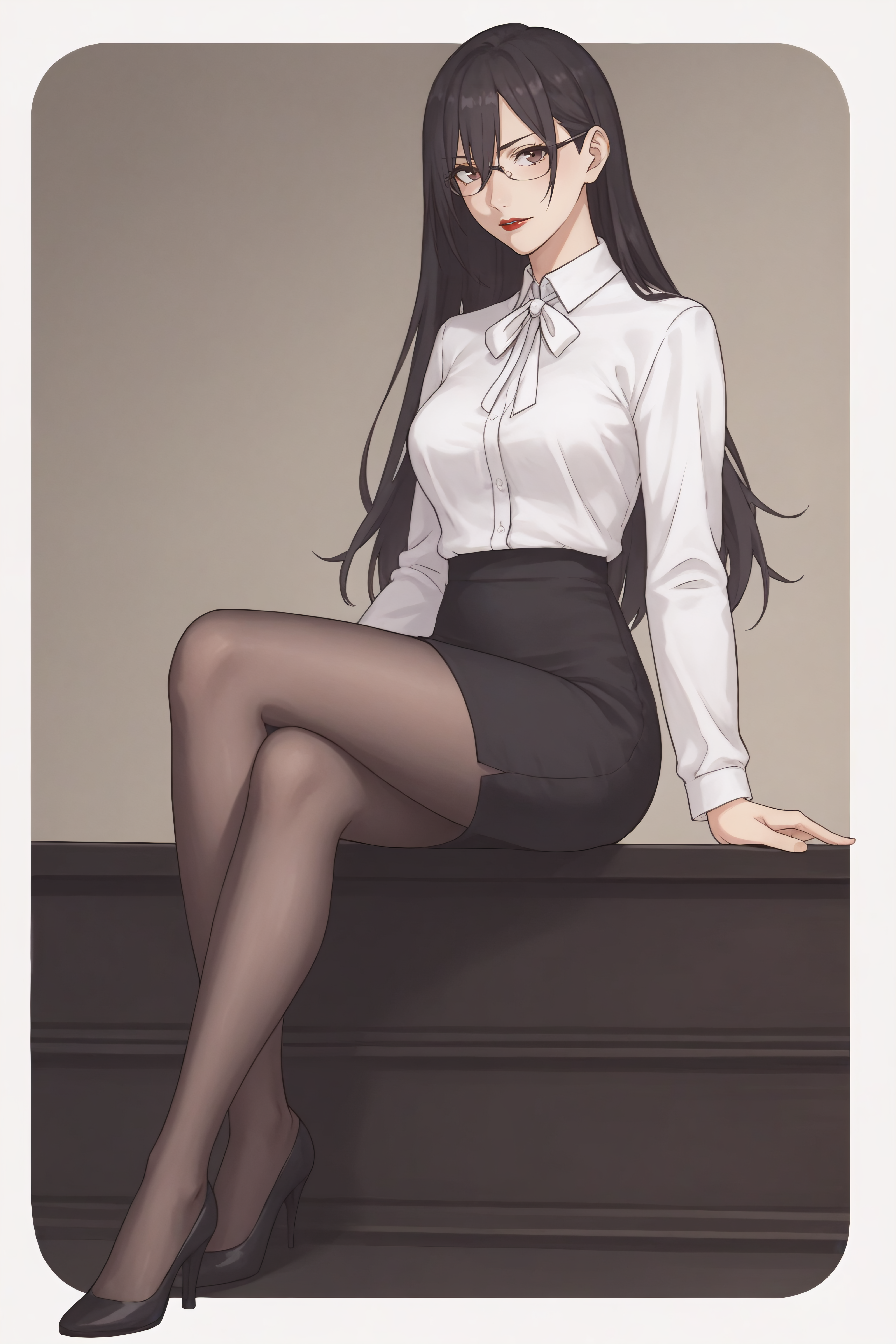 score_9, score_8_up, score_7_up, BREAK source_anime, <lora:Mayuri Hanyuu-PonyXL-lora-Faxtron:0.8> mayuri hanyuu, brown eyes, black hair, long hair, medium breasts, red lips, glasses, white shirt, white neck ribbon, pencil skirt, black pantyhose, high heels,