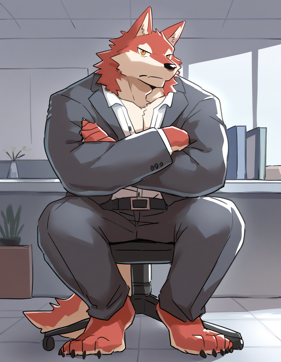 1boy, solo, wolf, canine, muscular male, sitting on chair, crossed arms, red body, open shirt, open topwear, suit, looking at viewer, orange eyes, [tail, fur], 5 fingers, 4 toes, claws, office, indoors, detailed face, detailed eyes, pixiv22, (masterpiece, best quality, very aesthetic, amazing quality), absurdres, highres