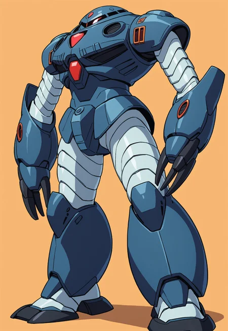 score_9, score_8_up, score_7_up, source_anime, cowboy shot, side view, BREAK, ( zgok_experiment, red monoeye, zeon symbol on chest, looking to the side, standing, arms by sides, ) 1mech, mech focus, solo, BREAK, 80s manual background,
