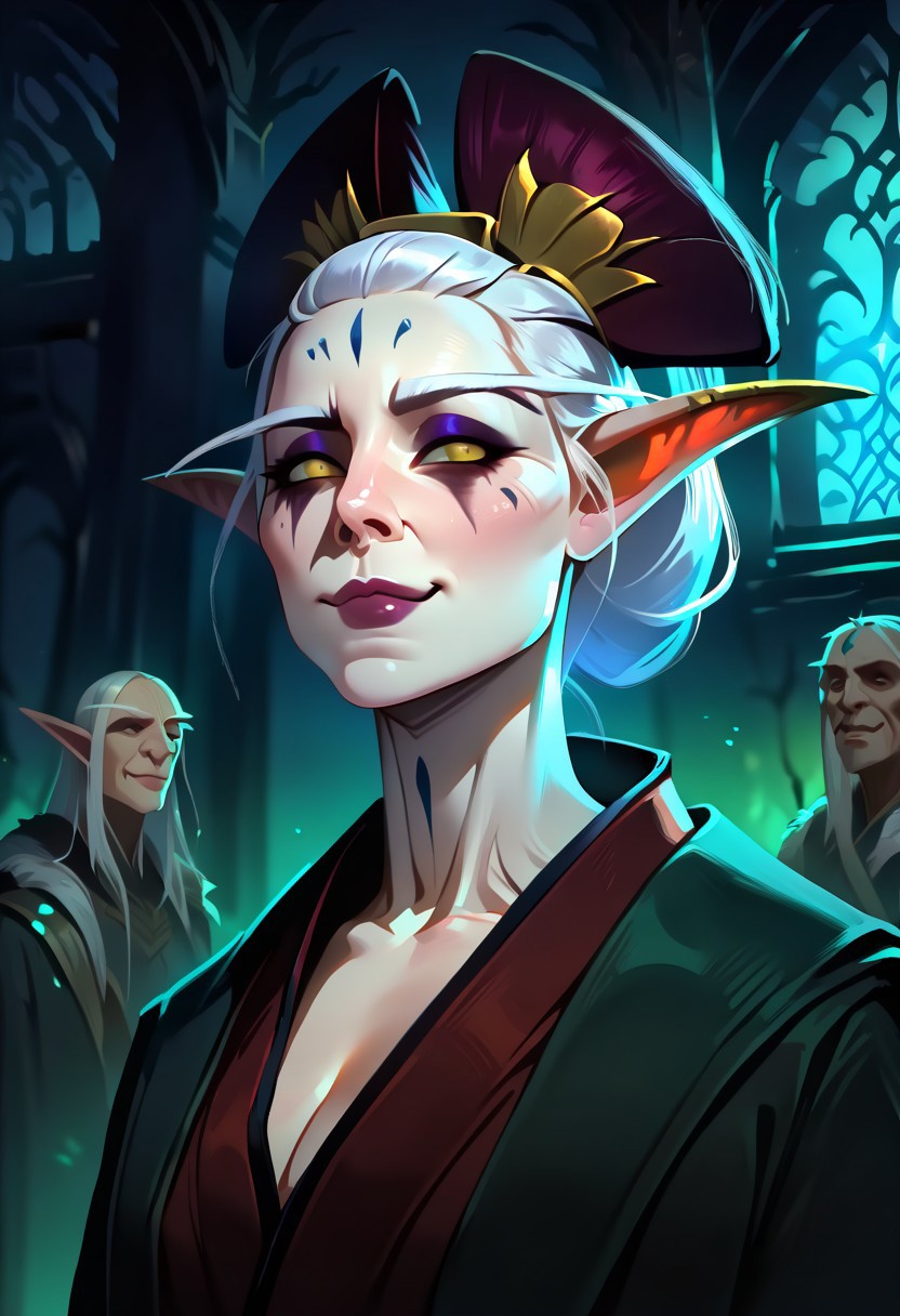 masterpiece, best quality, newest, absurdres, highres, Warbringersstyle-V1.0, solo, solo focus, 1girl, Elf, Sorcerres, white skin, white hair, yellow eyes, (asian:1;3), (asian female;1;3), oiran, mature, mature woman, friendly smile, royal, regal, noble, eyeshadow, mascara