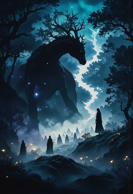 In the heart of an ancient, mystical forest, bathed in the eerie glow of a moon concealed behind thick, swirling clouds, strides a colossal dragonhound with translucent beautiful woven antler. Its massive paws thunder across the moss-covered ground as it moves effortlessly through the landscape, its transparent body nearly vanishing in the vast expanse of stars above. The creature’s form is translucent, barely visible against the endless cosmic canvas, with starlight piercing through its ethereal silhouette, casting a soft glow from within. The dragonhound’s faintly shimmering body takes on hues of deep blue and violet, refracting the distant starlight as it moves.
Soft, iridescent mushrooms, glowing faintly in deep purple and emerald hues, sprout from the back of the massive beast, casting brief flickers of light that dance across the shadows of the forest floor. Its eyes, luminous and full of ancient wisdom, gleam as they gaze out from the shifting form, reflecting the brilliance of distant galaxies.
The forest around it stretches endlessly, a labyrinth of twisted, ancient trees wrapped in dark, velvety moss, their branches reaching toward the sky like shadowed fingers. Hints of deep turquoise and dark purple swirl in the air, blending into the atmosphere, as though the entire realm is bathed in a palette of deep, enchanted twilight. The dragonhound’s silhouette moves gracefully through this dreamlike landscape, a serene giant in the midst of the cosmic night.