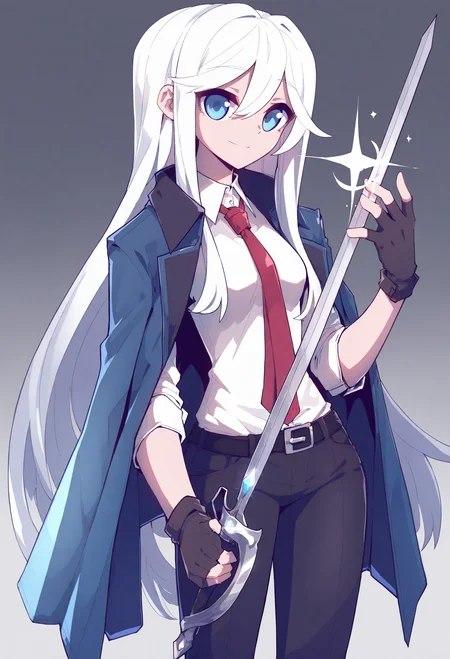 1girl,
solo, blue eyes, weapon, sword, white hair, shirt, holding, necktie, holding weapon, white shirt, looking at viewer, sparkle, long sleeves, glint, long hair, holding sword, pants, red necktie, closed mouth, jacket, very long hair, simple background, belt buckle, dress shirt, smile, white background, jacket on shoulders, black belt, cowboy shot, collared shirt, black gloves, fingerless gloves, hair between eyes, sidelocks, black pants, blue jacket, gloves, standing, buckle,
.
masterpiece, best quality, very aesthetic, absurdres
<lora:仿²¢forNoob:0.95>