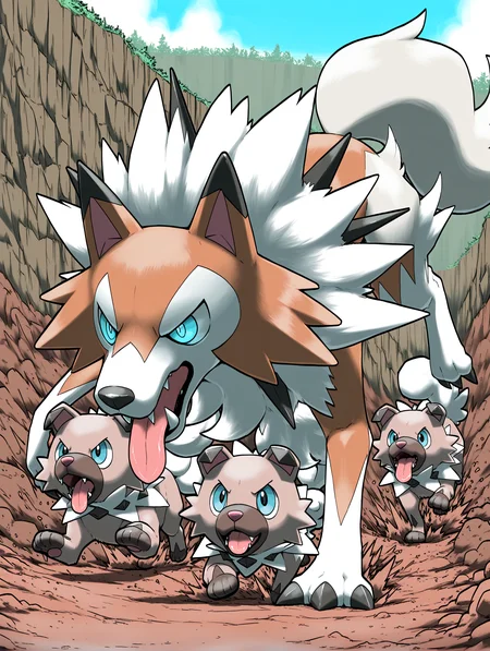 masterpiece, best quality, absurdres, amazing quality <lora:cfg_scale_boost:0.3> <lora:StS-Illustrious-Detail-Slider-v1.0:3> <lora:StS_Age_Slider_Illustrious_v1:3>,detailed_background,outdoors,tongue out,pokemon,blacknirrow,pokemon \(creature\),dirt,nintendo,tongue,lycanroc \(midday\),claws,evolutionary line,spikes,closed mouth,gen 7 pokemon,game freak,no humans,running,lycanroc,animal focus,creatures \(company\),blue eyes,fangs,rockruff,highres