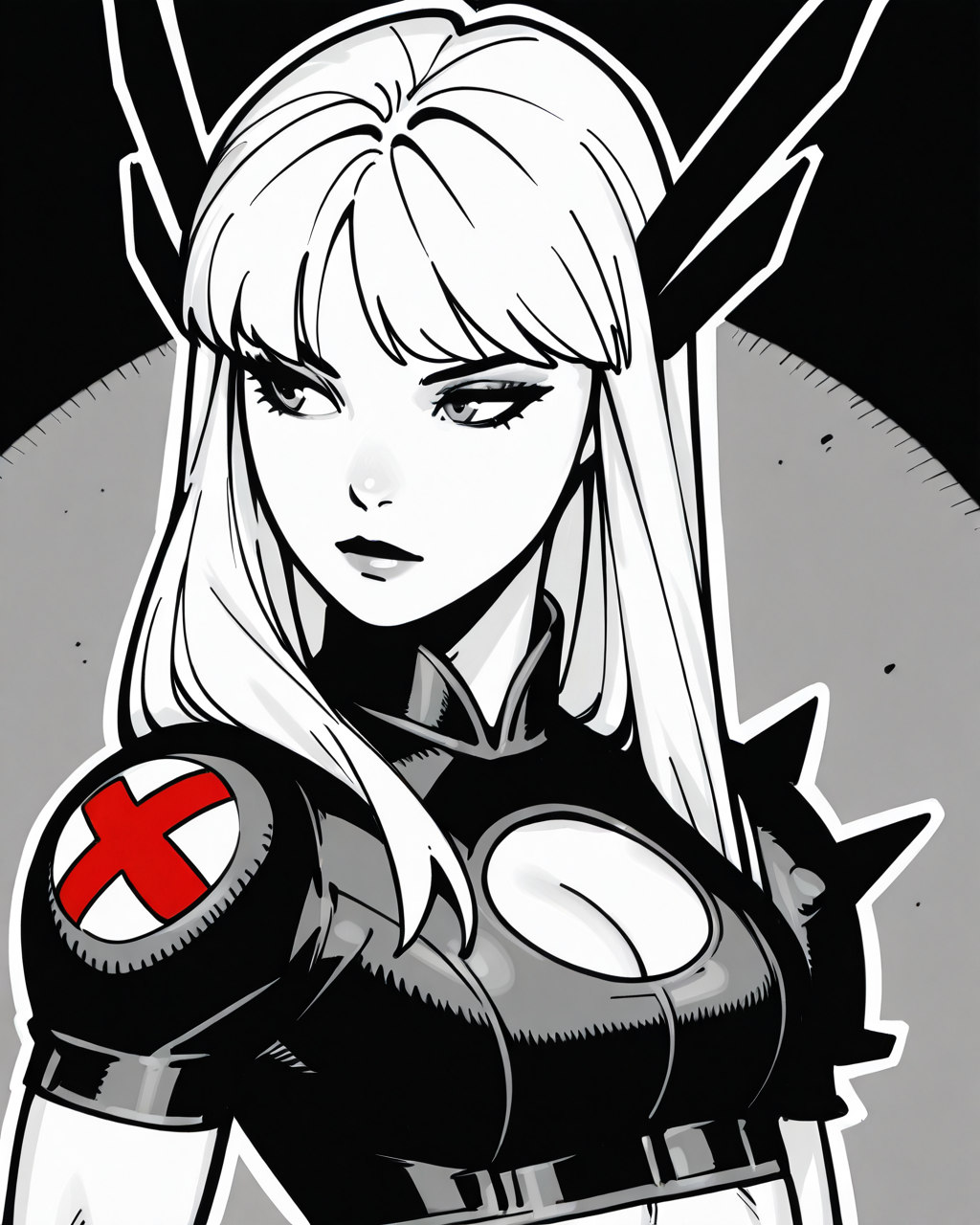 masterpiece, best quality, absurdres, perfect quality, absolutely eye-catching,   <lora:ChrisBachaloIllus:1> bachalo, <lora:Magik ModernilluLoRA:0.9> mgik, long hair, hair ornament, crop top, , cleavage cutout, single shoulder armor, from side, portrait, profile, greyscale,