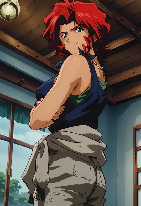oficial art, detailed anime, screencap, score_9, score_8_up, score_7_up, score_6_up, master piece, anime coloring, source_anime, retro artstyle, 1990s \(style\), BREAK solo, dynamic shading, dynamic coloring, extremely detailed, very detailed face, detailed eyes, detailed background, pain staking detail, feminine curves, 1girl, solo, red hair, jewelry, tank top, covered nipples, pants, necklace, dark-skinned female, dark skin, brown footwear, wristband, clothes around waist, sleeveless, shirt, medium hair, large breasts, curvy, wide hips, grey pants, green eyes, sleeveless shirt, looking at you, cowboy shot, side view, upper body, arms crossed below breast, smile, indoors, militar base, NEGATIVE_HANDS