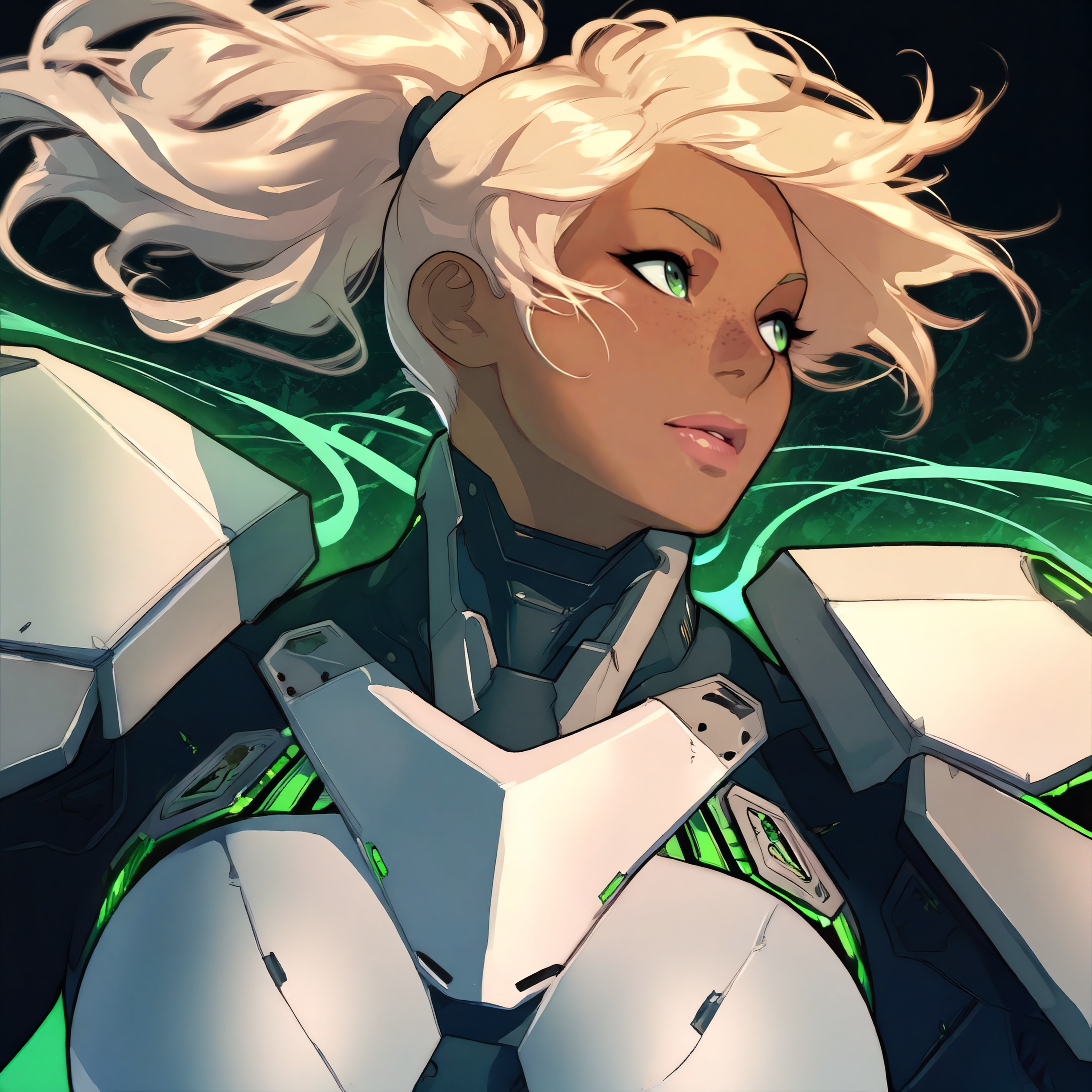 masterpiece, best quality, very aesthetic, 1girl,abstract background,science fiction,upper body,power armor,dark-skinned female,ponytail,lips,freckles,platinum blonde hair,green eyes,gyaru,wind,floating hair,looking to the side <lora:tartm_n11:1>