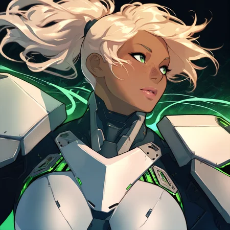 masterpiece, best quality, very aesthetic, 1girl,abstract background,science fiction,upper body,power armor,dark-skinned female,ponytail,lips,freckles,platinum blonde hair,green eyes,gyaru,wind,floating hair,looking to the side <lora:tartm_n11:1>
