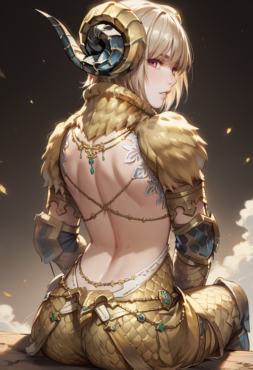 (score_9:0.9),score_8_up,score_7_up,rating_safe,anime style,(zPDXL),<lora:Kulve Taroth Alpha Armor ponyXL v1.3:0.72>,kulve taroth alpha armor,1girl,solo,short hair,gold horn,parted lips,scales,from behind,looking back,back,sitting,
