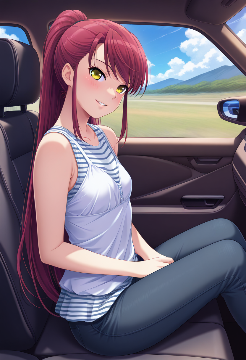 masterpiece, best quality, amazing quality, 1girl, solo, sayaww, yellow eyes, red hair, long hair, very long hair, ponytail, small breasts, sleeveless shirt, layered shirt, sleeveless, white shirt, striped inner shirt, peplum top, casual, tight pants, dark long pants, <lora:Niimi_Saya_Alea_ill:0.9>, from side, sitting on car seat, blush, smile, parted lips, looking at viewer, car interior, car seat, ground vehicle, motor vehicle, car, cloud, blue sky, skindentation, detailed clothing folds, depth of field, sharp, high contrast, dynamic light