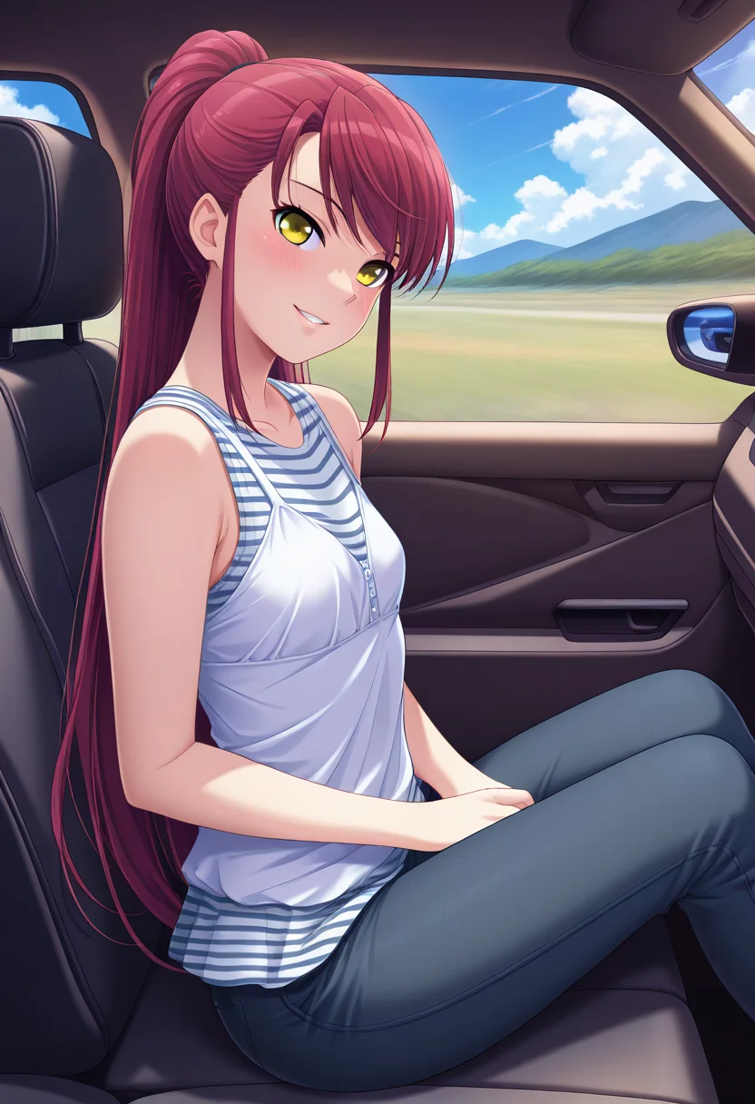 masterpiece, best quality, amazing quality, 1girl, solo, sayaww, yellow eyes, red hair, long hair, very long hair, ponytail, small breasts, sleeveless shirt, layered shirt, sleeveless, white shirt, striped inner shirt, peplum top, casual, tight pants, dark long pants, <lora:Niimi_Saya_Alea_ill:0.9>, from side, sitting on car seat, blush, smile, parted lips, looking at viewer, car interior, car seat, ground vehicle, motor vehicle, car, cloud, blue sky, skindentation, detailed clothing folds, depth of field, sharp, high contrast, dynamic light
