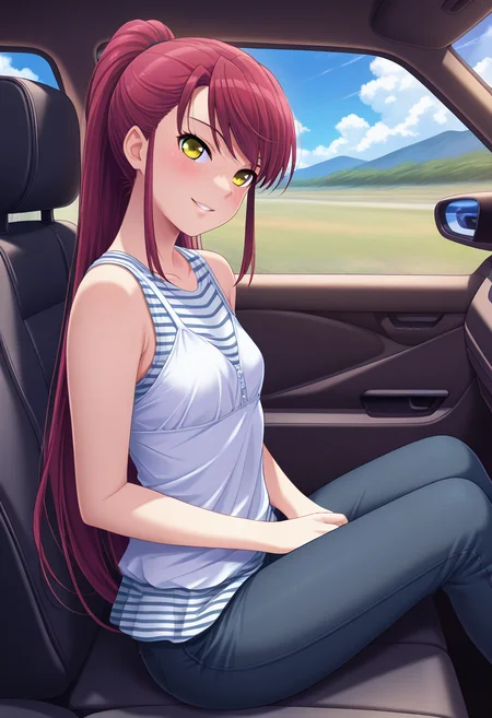masterpiece, best quality, amazing quality, 1girl, solo, sayaww, yellow eyes, red hair, long hair, very long hair, ponytail, small breasts, sleeveless shirt, layered shirt, sleeveless, white shirt, striped inner shirt, peplum top, casual, tight pants, dark long pants, <lora:Niimi_Saya_Alea_ill:0.9>, from side, sitting on car seat, blush, smile, parted lips, looking at viewer, car interior, car seat, ground vehicle, motor vehicle, car, cloud, blue sky, skindentation, detailed clothing folds, depth of field, sharp, high contrast, dynamic light