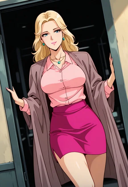 PerrineValleyMB, 1girl, solo, long hair, blonde hair, blue eyes, nose, eyelashes, pink lips, makeup, earrings, collarbone, large breast, thick thighs, muted rose cloak, pink shirt, necklace, bright pink skirt, shoes, high heels,
,seductive pose, sexy pose, tease,
masterpiece, best quality, ultra-detailed, very aesthetic, detailed background, very aesthetic, newest, scenery, highres, 4k, absurdres, 8k, colorful,vibrant, glowing, perfect face, 2d, perfect eyes, detailed eyes,
masterpiece, best quality, ultra-detailed, very aesthetic, newest, scenery, absurdres, perfect anatomy, , perfect face, perfect eyes, mature body, clear eyes, beautiful eyes, athletic, curvy body, athletic girl, perky tits, perfect tits, round breasts, pinup pose, teasing, lustful expression,
muscular female, dutch angle,
,detailed eyes,Smooth Negative, highres, absurdres, uncensored,