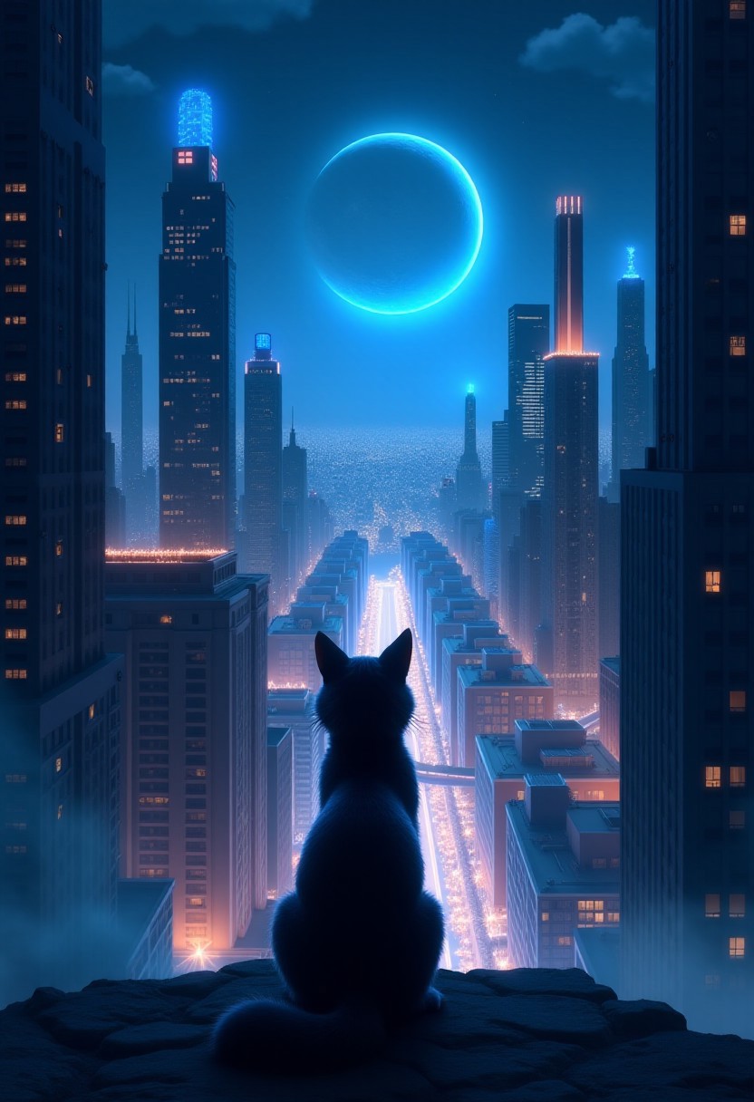 High quality, high resolution, high definition,
A magical city with faint neon lights on the skyscrapers, a planet emitting blue light, with the view from behind a cat looking down at the city, anime style