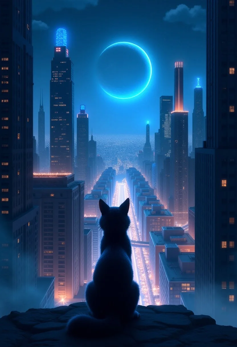 High quality, high resolution, high definition,
A magical city with faint neon lights on the skyscrapers, a planet emitting blue light, with the view from behind a cat looking down at the city, anime style