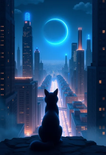 High quality, high resolution, high definition,
A magical city with faint neon lights on the skyscrapers, a planet emitting blue light, with the view from behind a cat looking down at the city, anime style