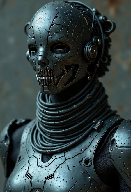 dystujo, Her mouth is partially visible, the lips tight and unforgiving, with a barely perceptible sneer that hints at the deadly prowess she possesses. The skin around her mouth is taut, as if pulled tight by the mechanical elements beneath, making her expression appear both fierce and calculating. Her neck is encircled by a collar of interlocking plates, each piece forged from dark, matte titanium, with delicate lines of glowing blue veins running through them. The collar is not just ornamental—it is a practical, chilling piece of technology, a focal point for her neural enhancements. Small, mechanical tendrils and servos extend from it, subtly adjusting her posture with every calculated breath she takes, further enhancing her deadly grace. Beneath the gleaming, nearly imperceptible mesh of chrome and circuitry that covers her upper chest, the outline of her armor is visible—angular and aggressive, like a predator’s exoskeleton. The surface of her armor is marred with deep, battle-worn scratches, the marks of countless skirmishes. Small mechanical servos and pistons are visible, embedded just beneath the surface, their functionality as seamless as the rest of her body. A faint hum can be felt from these mechanical elements, as though her body is powered by an inexhaustible, unseen source of energy.