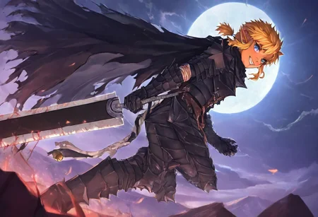 masterpiece, very aesthetic, anime screenshot, 1girl, Pink_PonyXL, DragonSlayerSword-Il.V1.0, black armor, shoulder armor, gauntlets, greaves, bandaged arm, black cape, torn cape, bright pink hair, cat ears, scar on nose, cat bell around neck, tanned, white tiger tail, small breasts, femine body, smiling, making a cute cat face, single fanged tooth showing, standing, looking at viewer, side view, wielding-dragonslayer, huge weapon, sword, holding sword, holding weapon, full body, zoomed in on pink_ponyxl, Dutch angle, cowboy shot
Break
Break 1boy,Anime screencap,link (zelda),blonde hair,blue eyes,pointy ears, low ponytail, sidelocks, wearing blue hyilian tunic, fawning over pink_ponxl
Break
City of hyrule on fire, at night