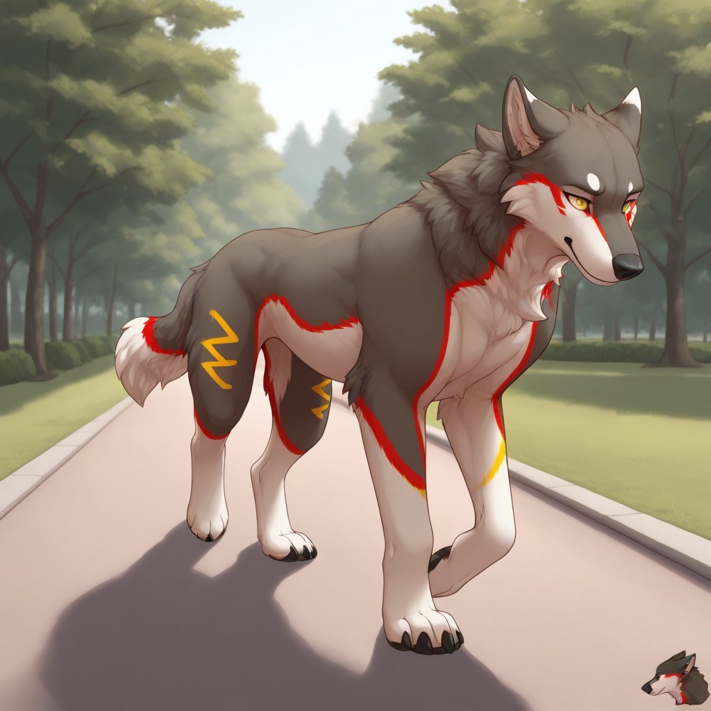 masterpiece, best quality, amazing quality, 
1boy, solo, feral, quadrupedal,Mosfetbah,wolf,two toned body,dark grey fur,white fur,red markings,yellow markings, 2 horns, walking, close-up, face focus, outdoors, park, trail, front view,