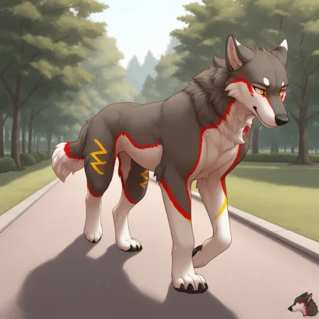 masterpiece, best quality, amazing quality,
1boy, solo, feral, quadrupedal,Mosfetbah,wolf,two toned body,dark grey fur,white fur,red markings,yellow markings, 2 horns, walking, close-up, face focus, outdoors, park, trail, front view,