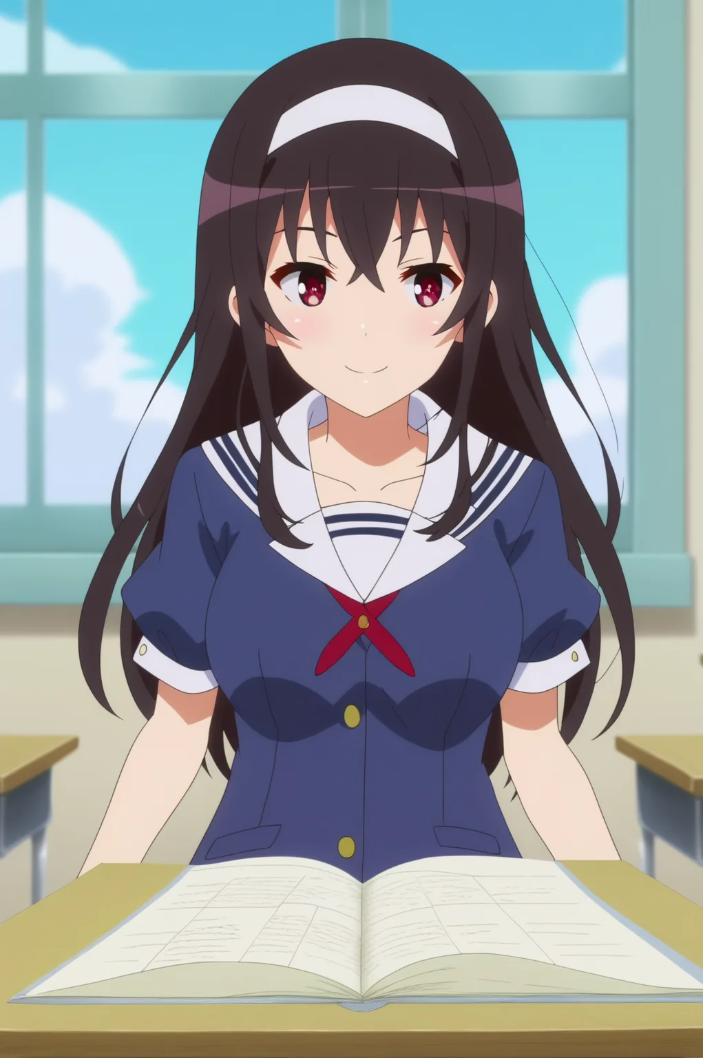 kasumigaoka utaha,anime screencap,1girl,solo,long hair,hairband,white hairband,breasts,smile,school uniform,pantyhose, black pantyhose,classroom,window,sky,checkboard <lora:Kasumigaoka - PDLX2.safetensors:0.8> <lora:detailed_backgrounds_v2.safetensors:1>