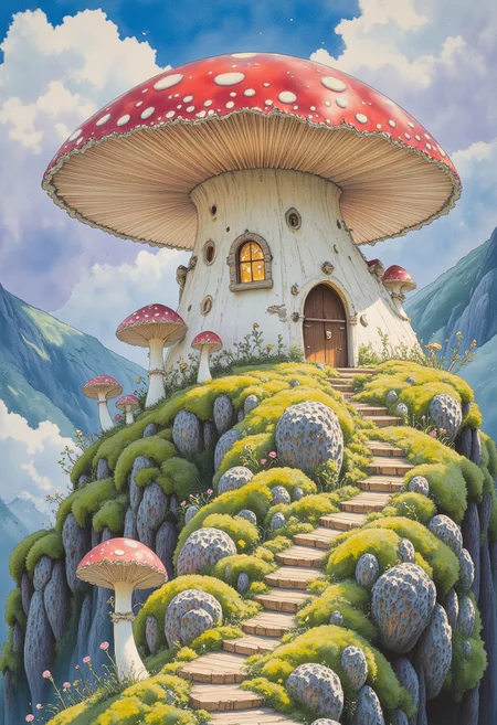 Studio Ghibli Whimsical Fairytale – giant mushroom house, fly agaric, moss, pebbles, Landscape scenery, pastel moody, hyperdetailed Clouds, lndscpx, towering Fantasy tower mushroom