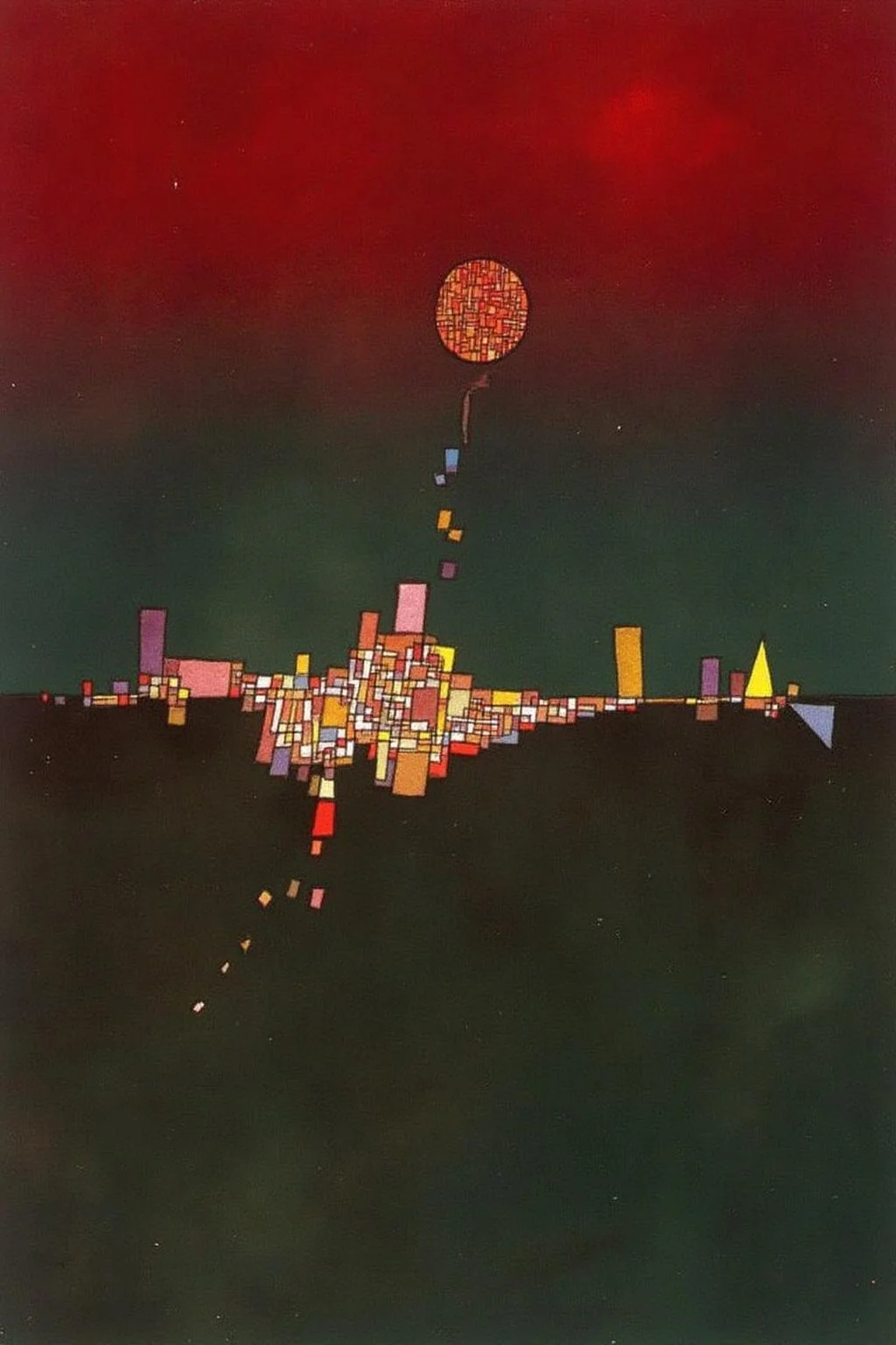 paulklee1 painting.
A cityscape under a gradient sky transitioning from deep red at the top to darker green at the bottom. The cityscape is composed of geometric shapes, primarily rectangular and triangular, in various colors arranged in a fragmented manner. <lora:paulklee1_cap_d8a4e6:1.0><lora:838832011117424823:0>