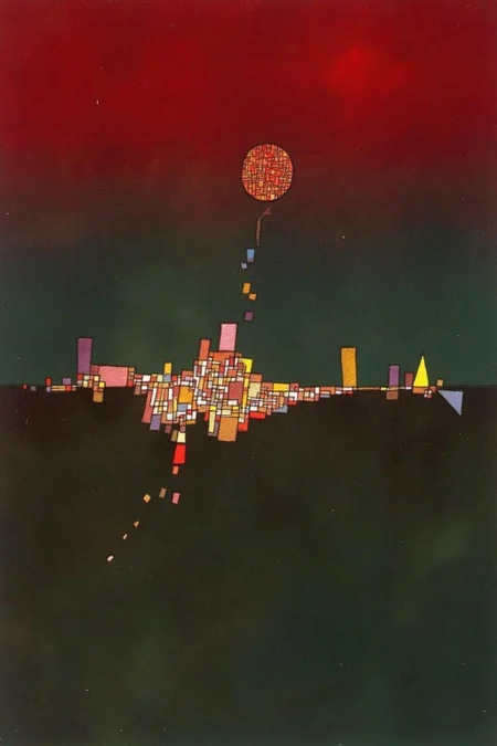 paulklee1 painting.
A cityscape under a gradient sky transitioning from deep red at the top to darker green at the bottom. The cityscape is composed of geometric shapes, primarily rectangular and triangular, in various colors arranged in a fragmented manner. <lora:paulklee1_cap_d8a4e6:1.0><lora:838832011117424823:0>