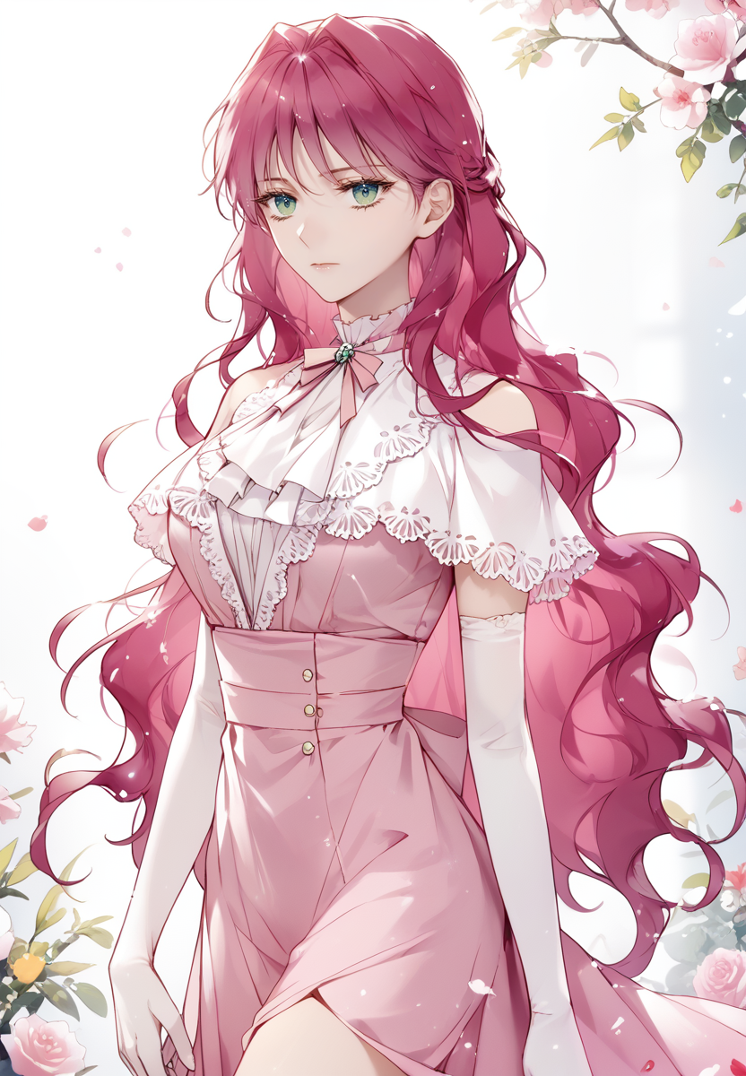zPDXL3, score_9_up, score_8_up, score_7_up, (Anime_source),Masterpiece,(perfect female body:1.2), small waist,(incredibly detailed:1.4), slim, beautiful fingers, beautiful white skin, Beautiful clear skin, (large breasts:1.4)  thighs, looking at viewer, big breasts, ass, perfect ass, <lora:Penelope_Eckhart_-_Death_Is_the_Only_Ending_for_the_Villainess-Kaleid-PONY:0.8> penelopeeckhart, 1girl, pink hair, green eyes, pink dress, closed mouth, expressionless, in garden, elbow gloves, white gloves,