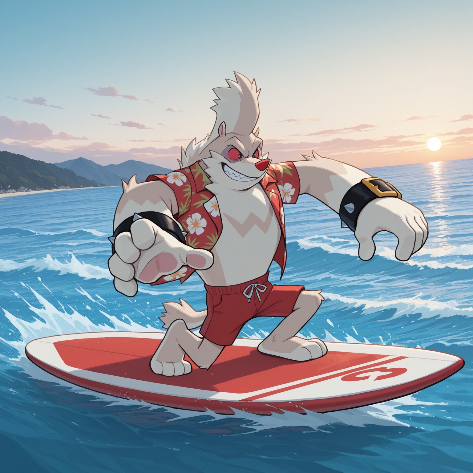 Tumble, 1boy, 2d, solo, Male, scruffy fur, solo, skunk, short ears, short tail, red sclera, black pupils, red nose, spiked braclet with gold buckles, barefooted, paws, long mohawk, beige and white fur, tall, big hands, fangs

BREAK outside, outdoors, on surfboard, ocean, surfing, waves, happy, grinning, Hawaiian shirt, red swimming trunks, 

BREAK best quality, amazing quality, very aesthetic, absurdres, newest, masterpiece 
