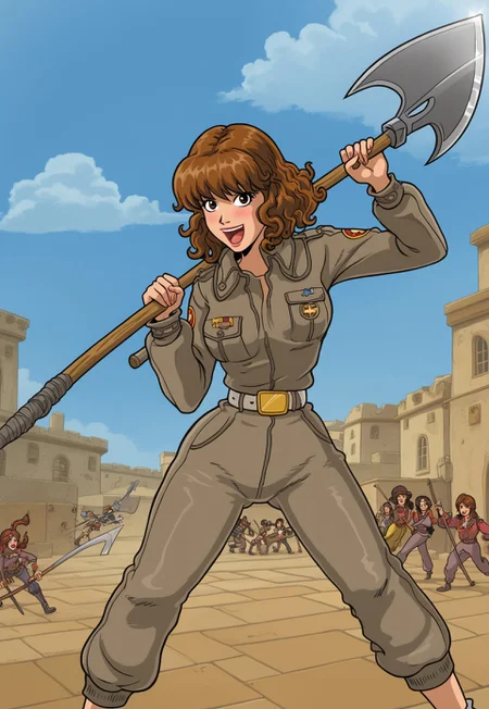 happy girl, random_combat_action_pose, scythe, perfect_face (4K4BUR5TYL3)