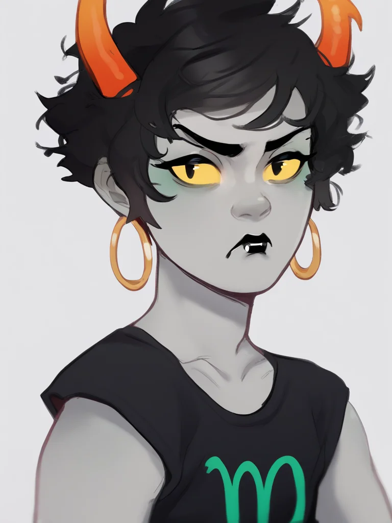 score_9,score_8_up,score_7_up,score_6_up,score_5_up,score_4_up,kanaya,horns,grey skin,short hair,black hair,black shirt,green symbol on shirt,black lipstick,yellow sclera,hoop earrings,1girl,solo,<lora:Kanaya_Homestuck-000012:0.9>,<lora:Lilandava_PDXL:1>,lilandavastyle,upper body,pout,close-up,vampire,lips, eyes are black pupils