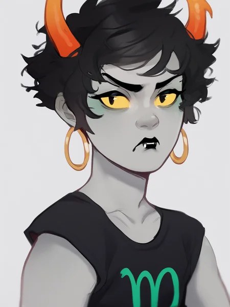 score_9,score_8_up,score_7_up,score_6_up,score_5_up,score_4_up,kanaya,horns,grey skin,short hair,black hair,black shirt,green symbol on shirt,black lipstick,yellow sclera,hoop earrings,1girl,solo,<lora:Kanaya_Homestuck-000012:0.9>,<lora:Lilandava_PDXL:1>,lilandavastyle,upper body,pout,close-up,vampire,lips, eyes are black pupils